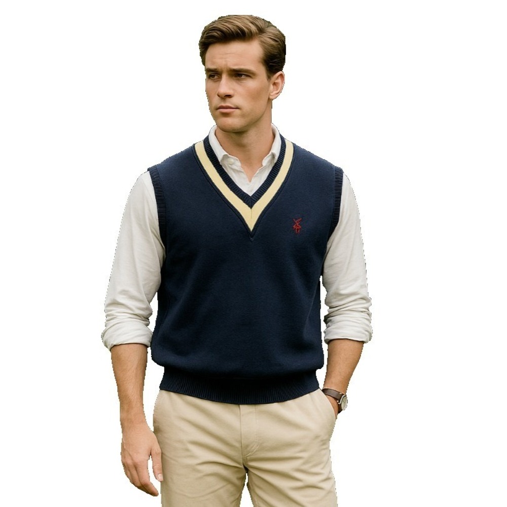Polo Ralph Lauren Mens Vintage‎ Navy Varsity Stripe Cotton Blend Vest Preppy XL